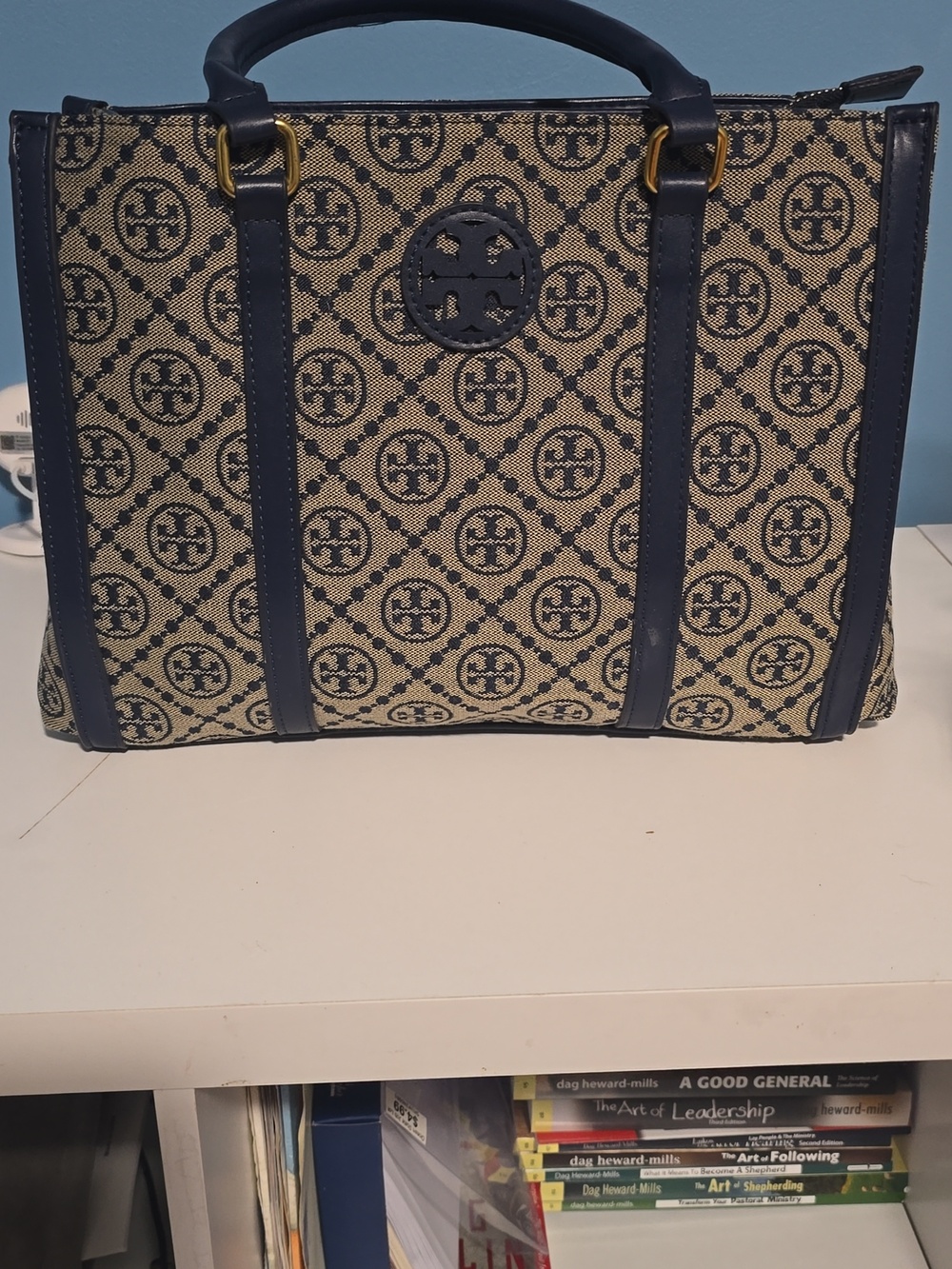 Tory Burch Navy and Beige Logo Canvas Tote with Leather Trim